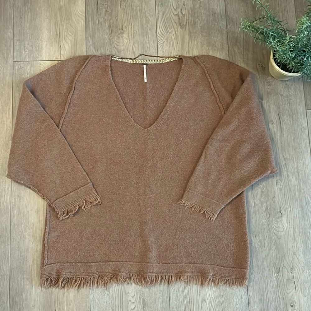Free People Brown V-Neck Sweater with Frayed Hem